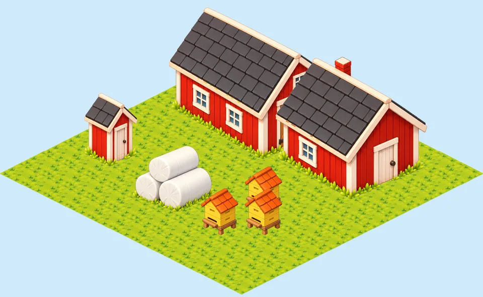 Two Swedish red cottages with dark roofs, a small red shed, three white hay bales and three hives on a square of grass.