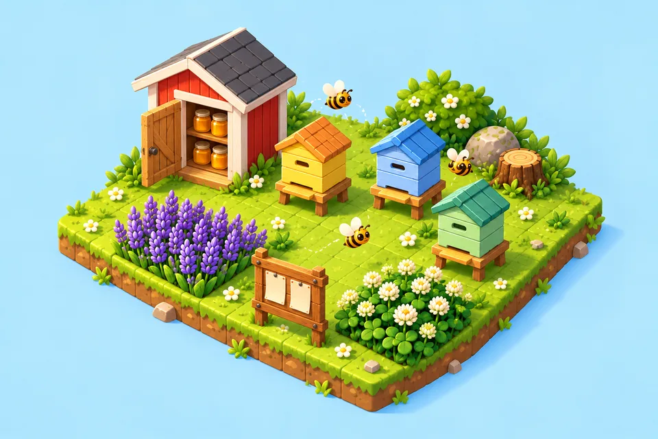 A small floating square of grass with a red honey house full of jars, yellow, blue and green hives, lavender, clover, a notice board, a stump and a rock.