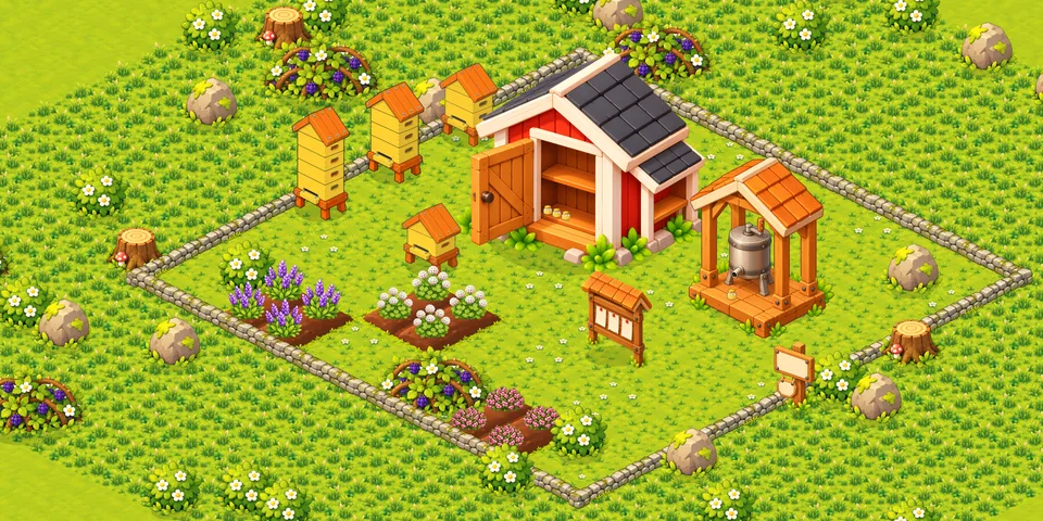 An isometric farm inside a low stone wall: four yellow hives, beds of lavender, clover and heather, a red honey house with jars on its shelves, a honey extractor under a wooden roof and a notice board.