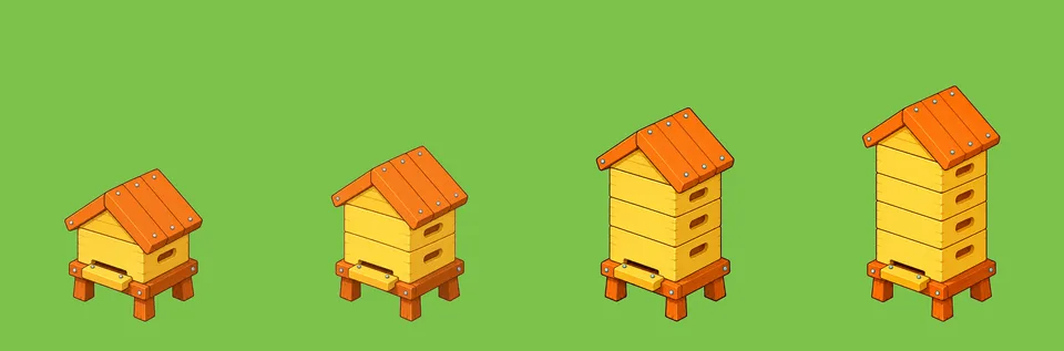 Four yellow hives with orange roofs in a row, from one box tall to four boxes tall.