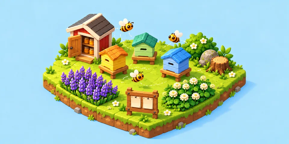 A chunky floating island with a honey house, yellow, green and blue hives, lavender, clover, a notice board and three round bees flying between them.