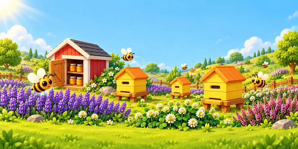 A sunny meadow with a red honey house, three yellow hives, fields of lavender, clover and heather, and round bees flying over the flowers.