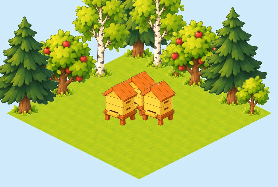 Three yellow hives on a square of grass, surrounded by spruces, birches and apple trees.