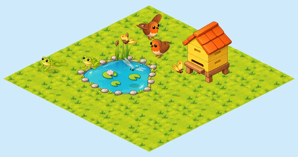 A lily pond on a square of grass with two frogs, two robins, butterflies, a dragonfly and a hive.